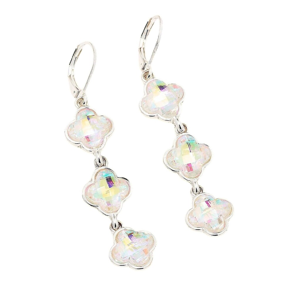 Joan Rivers Drop Earrings Crystal Quatrefoil Silver Tone NIB Pouch + Box